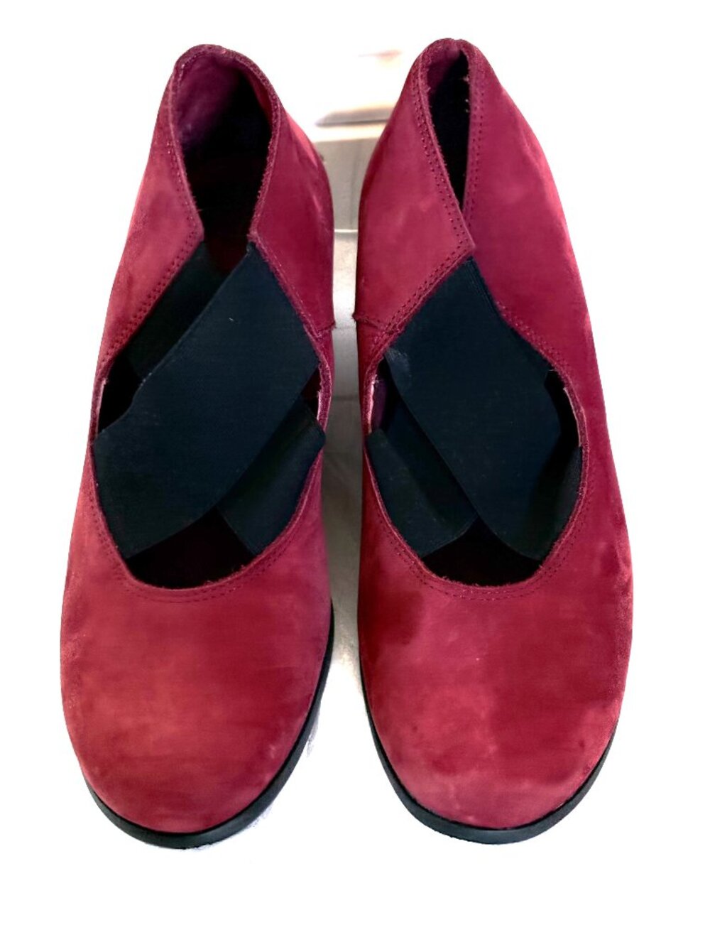 ARCHE Nubuck Leather Burgundy Cross Strap Wedge Shoes Size: 6.5